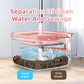 Tikaa Atok Spin Mop and Bucket Set with MSelf Separation Dirty and Clean Water System Square Mop Bucket Self Wringing 360° Rotating Clean Mop-Head for Hardwood Tile Marble Floors with 10Pads-Pink