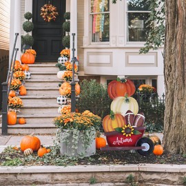 YEAHOME Fall Decorations Outdoor, Stacked Pumpkin Football Wheelbarrow Decorative Garden Stakes, Autumn Metal Cart Yard Signs for Home Outside Garden Lawn Porch Decor, Thanksgiving Decorations