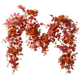 PARTY JOY 6.56ft Fall Decor Orange Eucalyptus Garland with Flowers 8 Orange Roses, Fall Garland Artificial Fake Flowers Floral Vines for Autumn Decor Fall Decorations for Home Indoor Outdoor