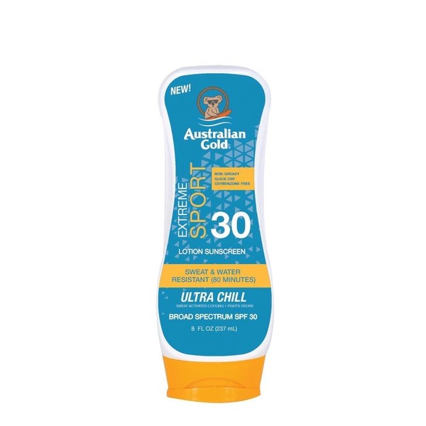 Australian Gold Extreme Sport Sunscreen Lotion SPF 30, 8 Ounce | Broad Spectrum | Sweat & Water Resistant | Non-Greasy | Oxybenzone Free | Cruelty Free