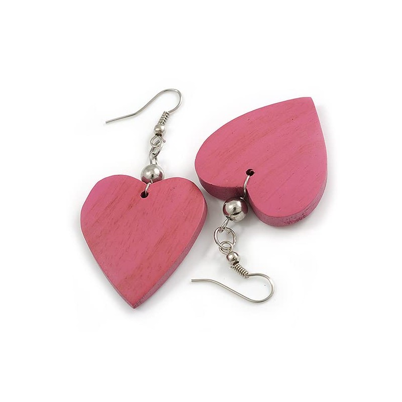 Rose Pink Wood Grain Heart Drop Earrings - 60mm L