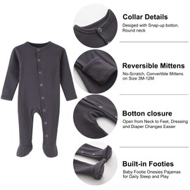 BINIDUCKLING Baby Popper Pyjamas with Foot, with Mittens Cuffs, Cotton - Long Sleeve Baby Romper Baby Pyjamas for Boys Girls 0-12 Months, Pack of 2 / 1 Pack, S3-Dark Grey & Light Grey