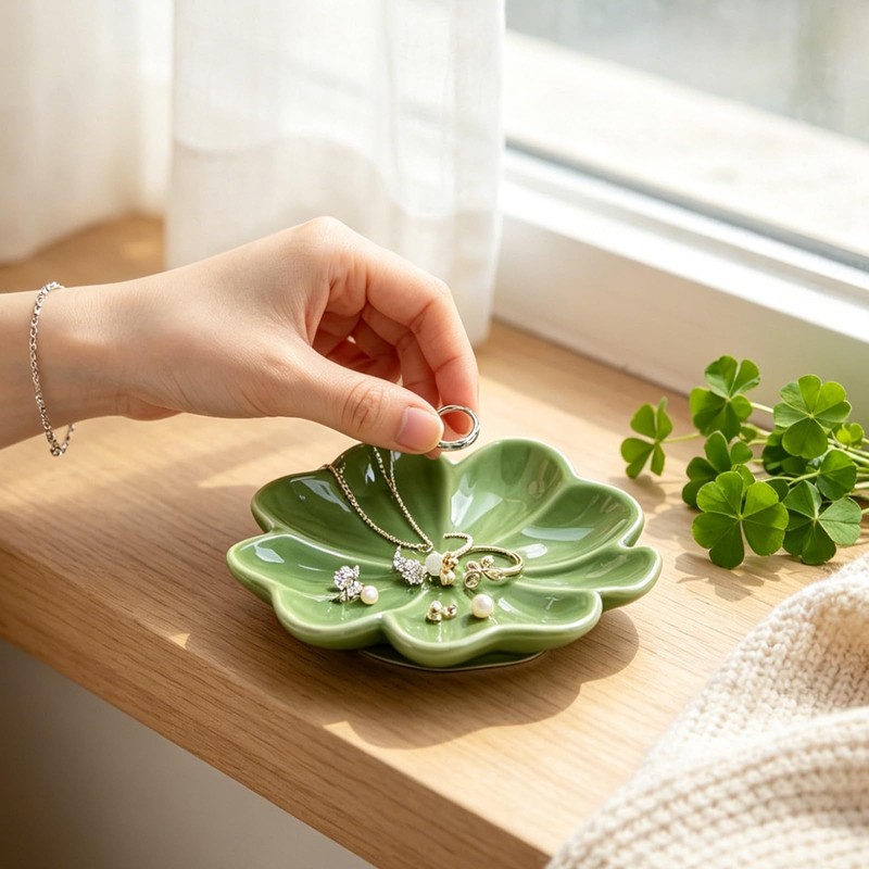Ceramic Spoon Rest for Stove Top, Cute Green Lucky Four