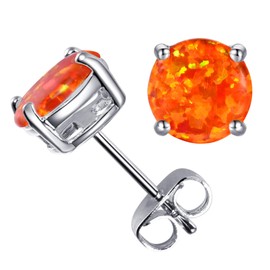 CERSLIMO 18K White Gold Plated Fire Opal Stud Earrings Birthstone Earrings For Women 8mm (Orange)