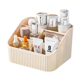 DASITON Large Capacity Makeup Brush Holder,5 Slot Makeup Brush Cup,Vintage striped Make Up Brush Holder,for Vanity Decor,Bathroom Countertops,Desk Storage Container,Cosmetic Display cases(Cream)