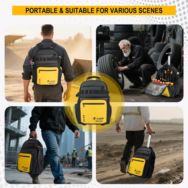 KUNN Rolling Tool Backpack with Wheels, Heavy Duty Waterproof Wheeled