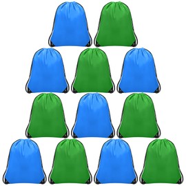 Grneric 12Pcs Drawstring Backpack Bulk Cinch Bag, Polyester Drawstring Bags for Gym Yoga Beach Camping Party(Blue&Green)