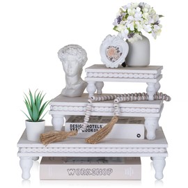 Hanobe Wooden Display Risers Decorative: Set of 3 Wood Whitewashed Pedestal Stand Tiered Tray Rectangle Farmhouse Decor for Tabletop Counter Vintage Riser with Beaded Kitchen Decor