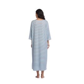 GoodmanShop Women's Zip Up Housecoat Soft Bathrobe Half Sleeve Sleepwear Full Length Stripe Loungewear with 2 Pockets