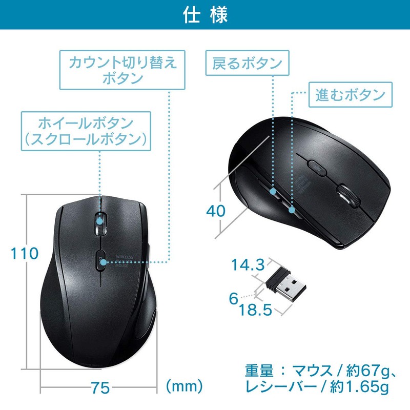 Sanwa Supply MA-WBL164BK Quiet Wireless Blue LED Mouse (for Left