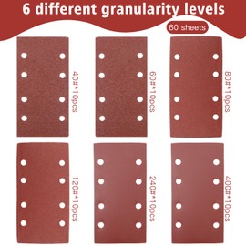 Scettar 60 Pcs Sanding Sheet Set,185x95mm Sandpaper,40/60/ 80/120/240/400 Grits Sander Paper,Square Hook and Loop Sandpaper 8 Holes, Sand Paper for Electric Sander Polishing