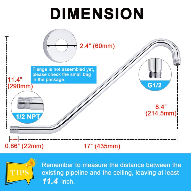 Shower Head Extension Arm with Flange，17 Inch Uvish Stainless Steel
