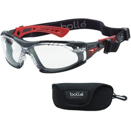 bollé SAFETY Rush+ Goggles, 4-Piece Set (Goggles, Gasket Kit, Semi-Hard Case, Original Cloth) ((Semi-Hard Case) Red/Black, Clear)