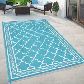 HarmonyHealth 10x14 Outdoor Rug Waterproof for Patio Decor, Foldable Reversible Plastic Straw Mat for Camper, Vintage Outside Carpet for Deck, Porch, Picnic, Beach, Balcony, Trellis|Light Blue&White