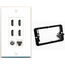 RiteAV 4 Port HDMI 1 Coax Cable TV- F-Type 1 Cat5E Ethernet Wall Plate - Bracket [White]