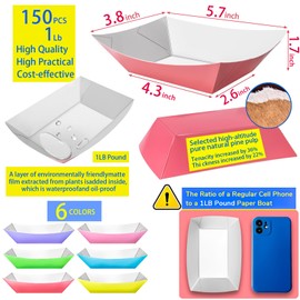 MotBach 150 Pack Colorful 1Lb Paper Food Boat Trays Disposable Paper Boat Plates Containers, Colored Kraft Food Serving Tray Boats Bowls for Snack Fries Dessert BBQ Popcorn HotDog Sandwich Taco Nacho