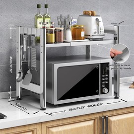 Virvia Extendable Microwave Oven Rack，Adjustable Microwave Stand Kitchen Counter Shelf Kitchen Utensils Storage, Stainless Steel 2-Tier Over Microwave Shelf Countertop Organizing Rack with 4 Hooks（S）