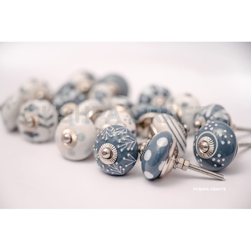 PUSHPACRAFTS Hand Painted Ceramic Cupboard Drawer Knobs 20 Pieces Grey