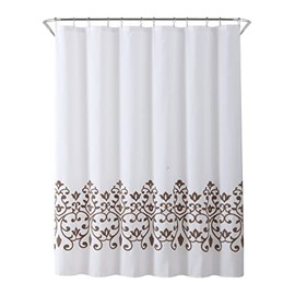 Luxury Fabric White Shower Curtain: Floral Damask Taupe White Boucle Loop Stitching Design