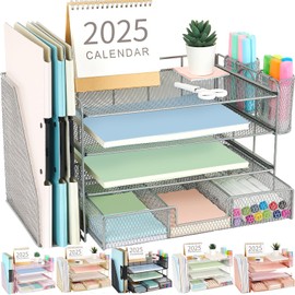 gianotter Paper Organizer with File Holder for Desk, 4 Tier Letter Tray Office Desk Organizers and Accessories - Workspace Organizers with Drawer and 2 Pen Holder for Office Supplies (Grey)