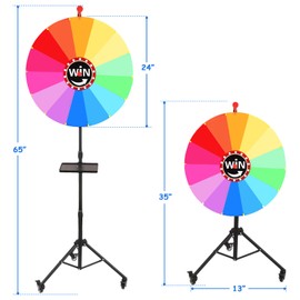 VJJB 24-inch Spinning Prize Wheel, Ajustable 35"-65" Height Spin Doodle Game Spinner, Folding tripod with Wheels, Dry Erase Marker & Eraser 14 Color Slots for Carnival Trade Show Fortune Spinning Game