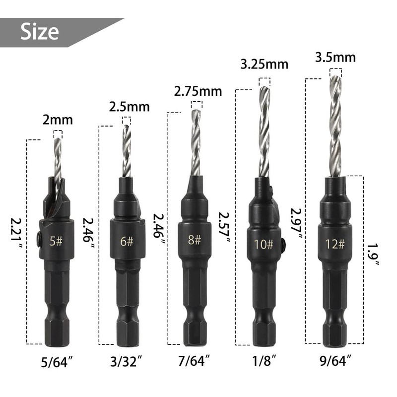 Saipor 5pcs Wood Countersink Drill Bit Set Hex Shank Quick