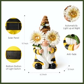 LA Jolie Muse 11.7'' Solar Gnomes Garden Statues-Resin Bee Gnomes Figurine Sunflower Decor with Solar LED Lights for Outdoor Gnomes Decorations for Yard Patio Lawn Porch, Garden Gifts for Mom