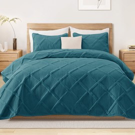 Exclusivo Mezcla Quilt Set Full Queen Size, 3 Pieces Teal Queen Quilt Bedding Set, Lightweight Quilts Soft Bedspreads Modern Striped Coverlets for All Seasons