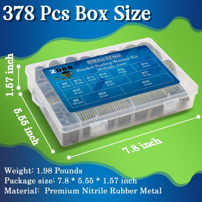 ZDBB 12 Sizes 378 Pcs Bonded Sealing Washer Kit,Automotive Self-Centred