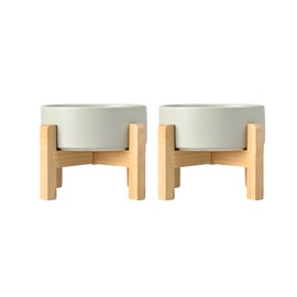 SPUNKYJUNKY Ceramic Elevated Dog Bowls 2 Pack - 5.1inch Raised Dog Bowls with Non-Slip Wooden Stand for Small Dogs Dishwasher Safe(Grey,13.5OZ*2)