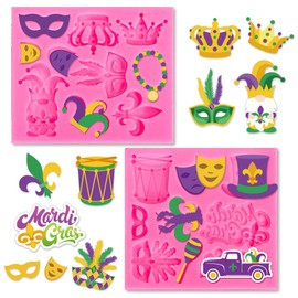 Whaline 2Pcs Mardi Gras Fondant Molds Masquerade Mask Fleur-De-Lis Crown Feather Mask Pattern 3D Silicone Mould Carnival Cupcake Cookie Decorating Baking Molds for Mardi Gras Party DIY Craft Candy