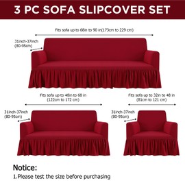 Fanfanwin 3 Pcs Sofa Slipcover Set for Couch Cushion Durable Washable High Elastic Stretchable Furniture Couch Covers with Skirt for Sofa Loveseat Arm Chair (Burgundy,Milk Silk)