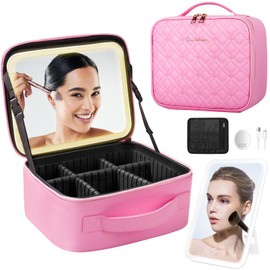 Lighted Makeup Case, Travel Make Up Organizer Bag Cosmetic Case with Adjustable Lighted Mirror 3 Color and 10x Magnifying Mirror, Adjustable Dividers Makeup Train Case Gift for Women (Pink)
