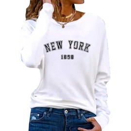 Hilinker Women's Graphic Tee Long Sleeve Tops Casual Loose Crew Neck T Shirts White New York Large