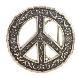 Round Perforated Floral Engraving Peace Sign Belt Buckle, Antique Gold