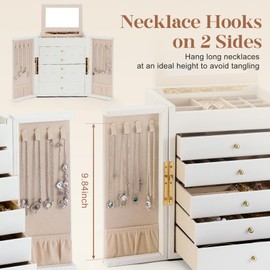 Dajasan Large Jewelry Organizer Box, Jewelry Boxes for Women Girls, 6-Tier Jewelry Storage Organizer with Mirror for Necklace Ring Bracelet Watch, Gift Idea (White)