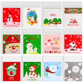 BOUBONI 240 PCS Christmas Treat bags Self-Adhesive Candy Goodie Bag for Christmas Holiday Party Favor Gift Decoration Supplies (Red,Grey,White,Green)