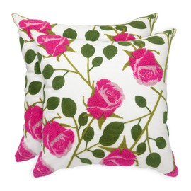Alysheer Floral Embroidered Farmhouse Decorative Throw Pillow Cover 18"x 18" Set of 2, Cottage Hot Pink Flowers Green Leaves Embroidery Pattern, Cotton Canvas Cushion Case for Sofa Couch Bedroom