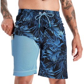 APTRO Men's Swimming Trunks Long with Compression Liner Quick-Drying Swimming Shorts 2 in 1 Swimming Trunks with Zip Pocket Inner Shorts Surfing Beach Shorts, Palm Blue Mk282