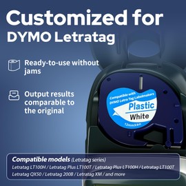 4-Pack Compatible with Dymo Label Maker Refills, White Plastic Label Maker Refills for Labeler Letra Tag 200b Lt 100h 100t Plus, 12mm X 4m (1/2" X 13') Tape for Dymo Letratag Refills