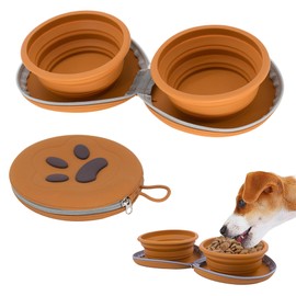 PawSailor Collapsible Dog Bowls, 2-in-1 Pet Portable Travel Double Bowl Water Food Feeder Traveling Camping & Walking 25oz Brown