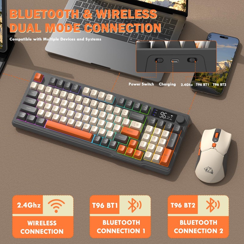 FREEWOLF T96 Smart Display Wireless Gaming Keyboard and Mouse Comb,