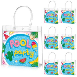 Aliceset 20 Pcs Pool Party Clear Favor Bags with Handles Swimming Themed Waterproof Goodie Bags for Pool Swimming Summer Party Birthday Baby Shower Supplies, 8 x 8 x 3. 15 Inch