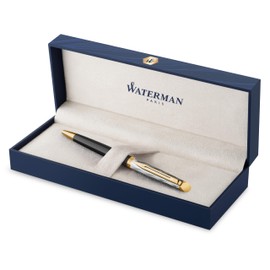 Waterman Hémisphère Ballpoint Pen | Metal and Black Lacquer with Gold Trims, Chiselled Cap | Medium Tip | Gift Box