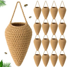 16 Pack 13x8 Inche Extra Large Crochet Fake Wasp Nest Decoys Bulk Hanging Imitation Hornet Wasp Hive Nests Decoy Patio Eaves Decoration for Outdoor Keep Away from Wasps, Beig