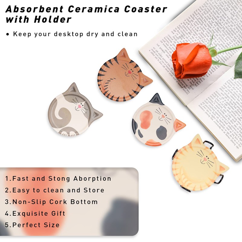 Drink Coasters with Holder, Absorbent Coaster Sets of 4, Cat