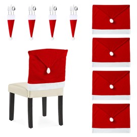 Kaimeng 4 x Premium Christmas Chair Covers, Christmas Set - Christmas Decoration for Chairs, Christmas Santa Hat Chair Cover for Dining Table Christmas Decoration