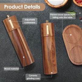Foyucool Wooden Salt and Pepper Grinder Set, 8 inch Manual Salt and Pepper Mill with Brush and Spoon, Adjustable Coarseness, Refillable Pepper Grinder for Kitchen, Brown
