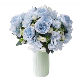 4 Pack Artificial Peony Silk Flower Hydrangea Fake Bouquet Elegant Faux Flowers with Vase for Table Centerpieces Wedding Decoration Bridal Floral Arrangement(Blue)