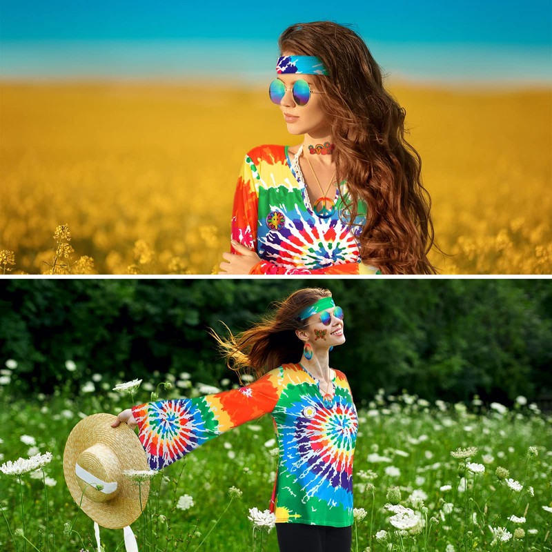 Jiuguva 17pcs 60s 70s Outfits for Women Hippie Costume Set